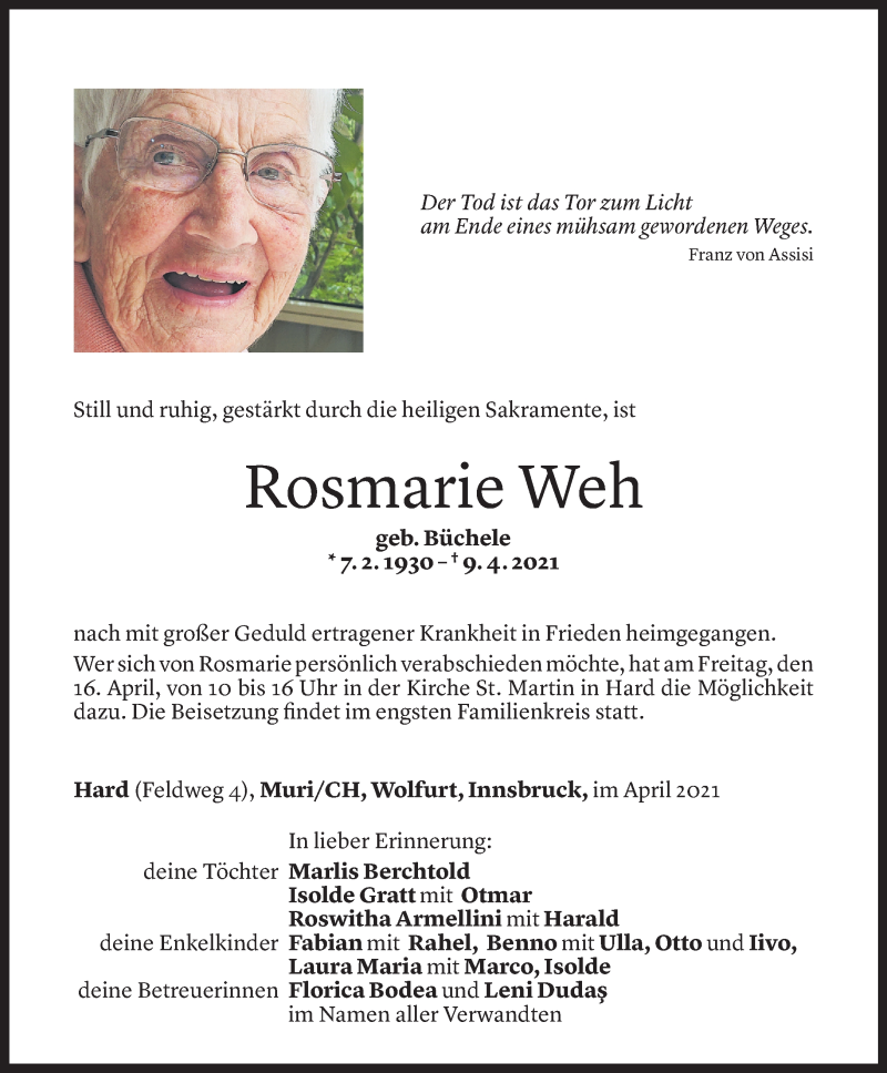  Todesanzeige für Rosmarie Weh vom 14.04.2021 aus Vorarlberger Nachrichten