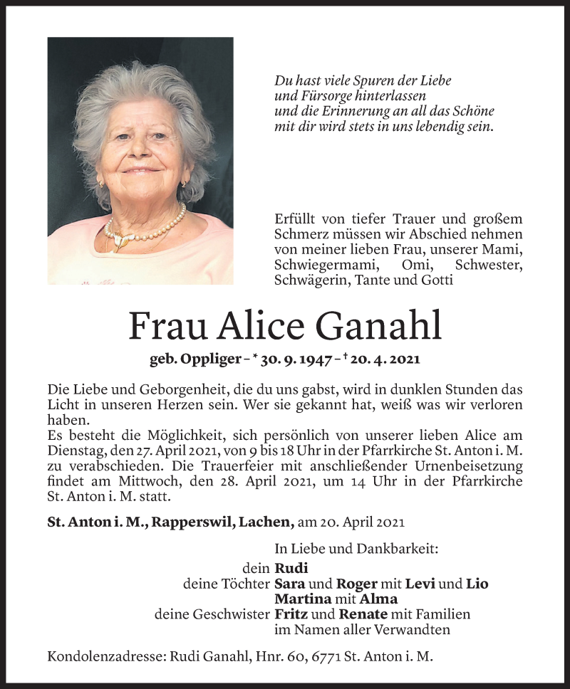  Todesanzeige für Alice Ganahl vom 22.04.2021 aus Vorarlberger Nachrichten