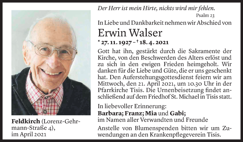  Todesanzeige für Erwin Walser vom 19.04.2021 aus Vorarlberger Nachrichten