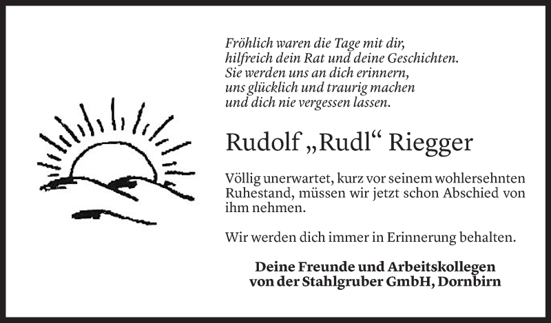  Todesanzeige für Rudolf Riegger vom 16.04.2021 aus Vorarlberger Nachrichten