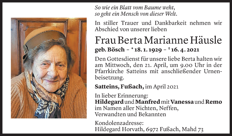  Todesanzeige für Berta Häusle vom 19.04.2021 aus Vorarlberger Nachrichten