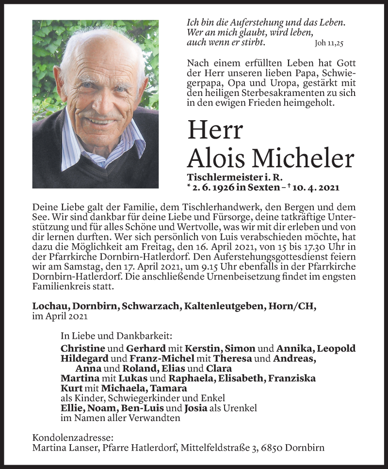  Todesanzeige für Alois Micheler vom 13.04.2021 aus Vorarlberger Nachrichten