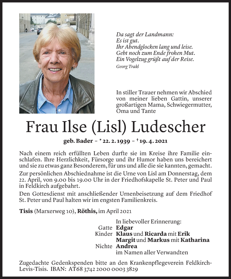  Todesanzeige für Ilse Ludescher vom 21.04.2021 aus Vorarlberger Nachrichten