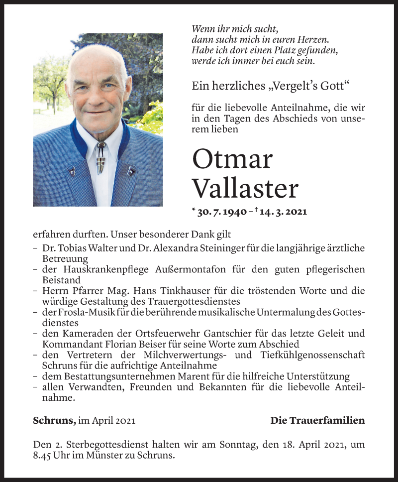  Todesanzeige für Otmar Vallaster vom 16.04.2021 aus Vorarlberger Nachrichten