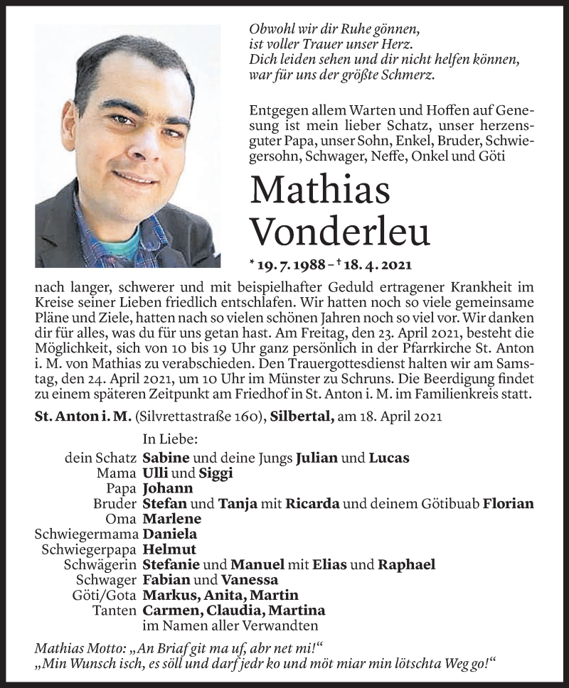  Todesanzeige für Mathias Vonderleu vom 21.04.2021 aus Vorarlberger Nachrichten