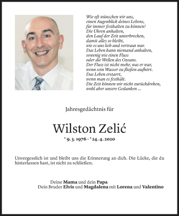 Todesanzeige von Wilston Zelic von Vorarlberger Nachrichten