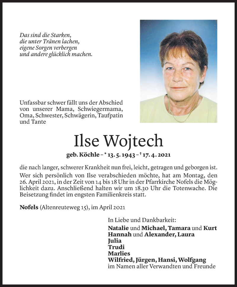  Todesanzeige für Ilse Wojtech vom 21.04.2021 aus Vorarlberger Nachrichten