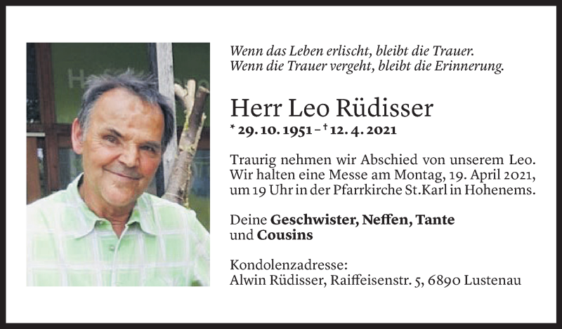  Todesanzeige für Leo Rüdisser vom 18.04.2021 aus Vorarlberger Nachrichten