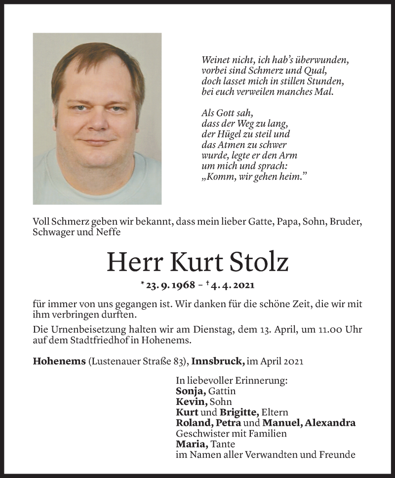  Todesanzeige für Kurt Stolz vom 10.04.2021 aus Vorarlberger Nachrichten