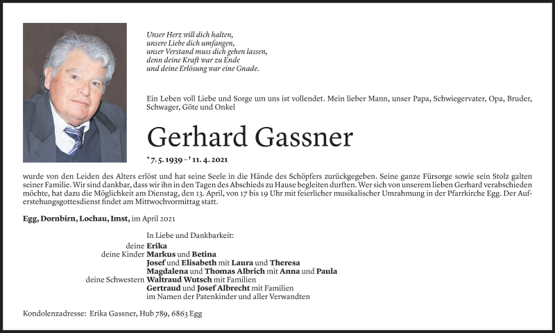  Todesanzeige für Gerhard Gassner vom 13.04.2021 aus Vorarlberger Nachrichten