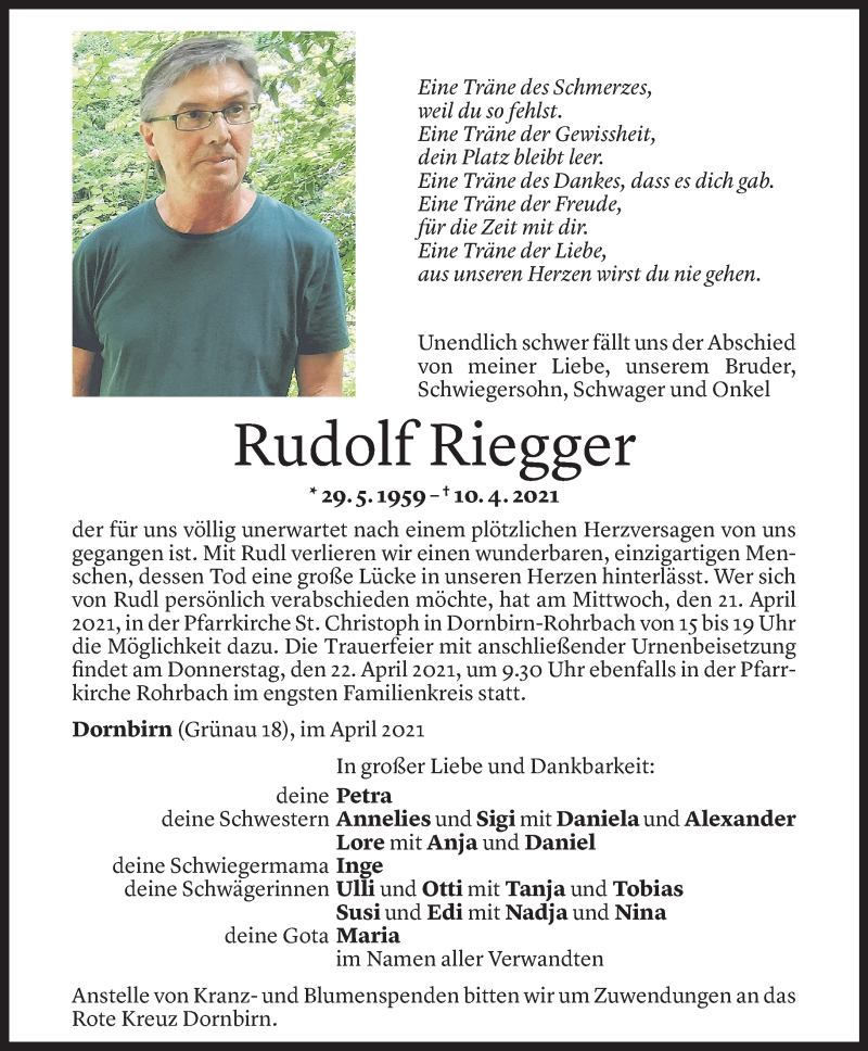  Todesanzeige für Rudolf Riegger vom 16.04.2021 aus Vorarlberger Nachrichten