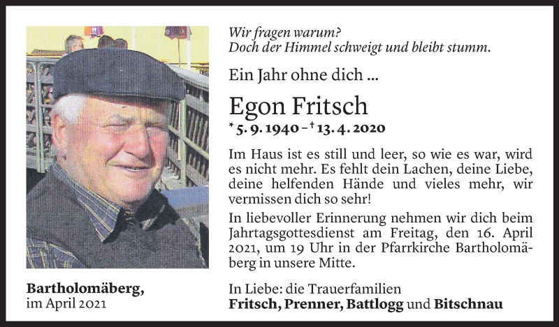  Todesanzeige für Egon Fritsch vom 12.04.2021 aus Vorarlberger Nachrichten