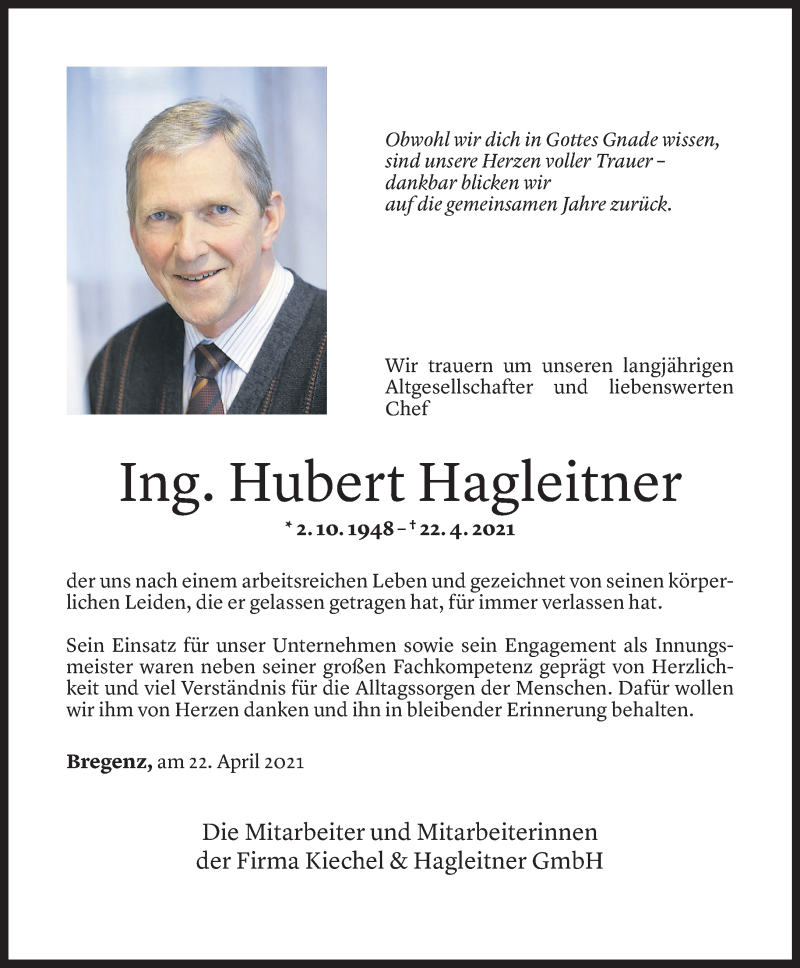  Todesanzeige für Hubert Hagleitner vom 23.04.2021 aus Vorarlberger Nachrichten
