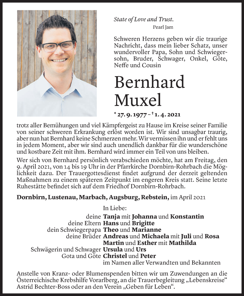  Todesanzeige für Bernhard Muxel vom 07.04.2021 aus Vorarlberger Nachrichten