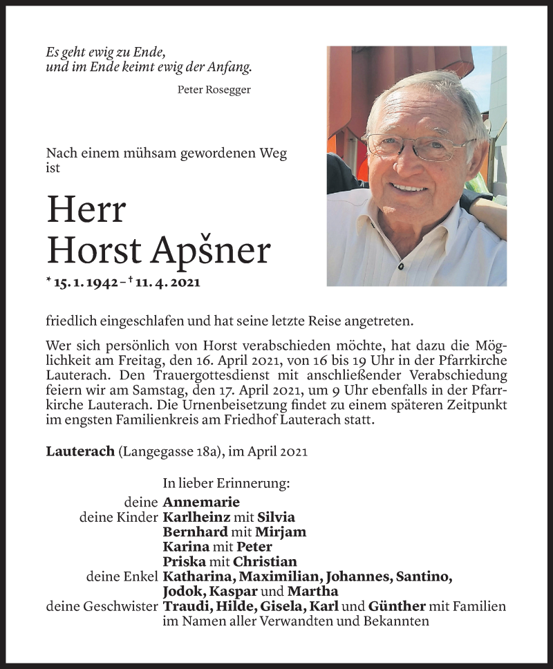  Todesanzeige für Horst Apsner vom 14.04.2021 aus Vorarlberger Nachrichten