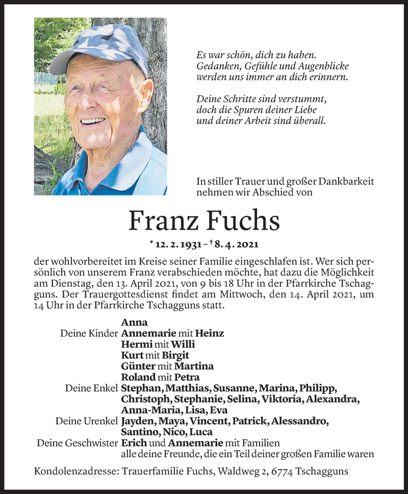  Todesanzeige für Franz Fuchs vom 09.04.2021 aus Vorarlberger Nachrichten