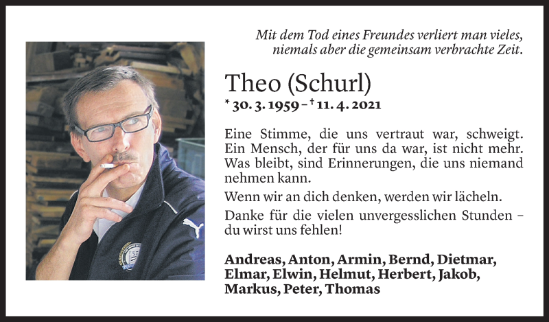  Todesanzeige für Theo Eckl vom 16.04.2021 aus Vorarlberger Nachrichten