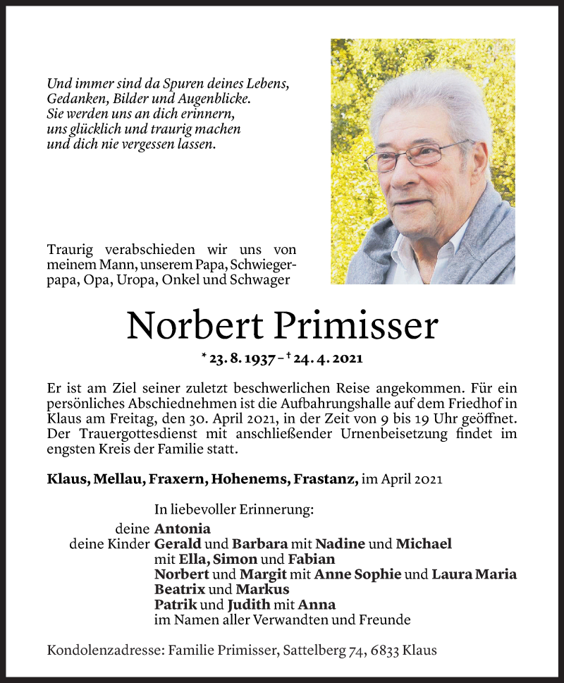  Todesanzeige für Norbert Primisser vom 28.04.2021 aus Vorarlberger Nachrichten