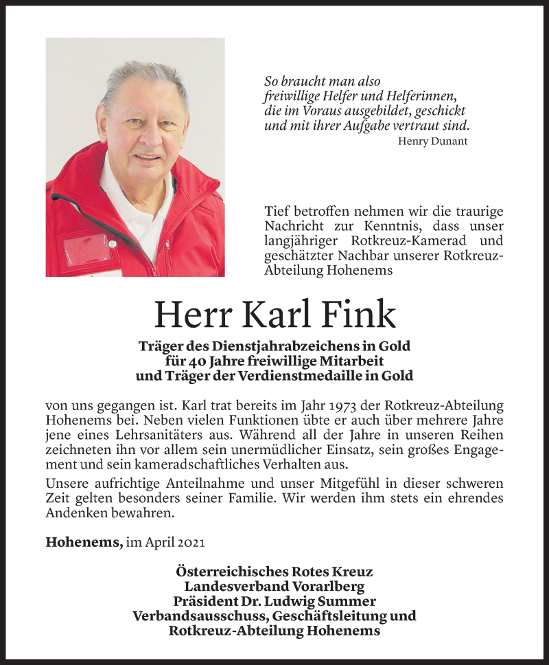  Todesanzeige für Karl Fink vom 12.04.2021 aus Vorarlberger Nachrichten