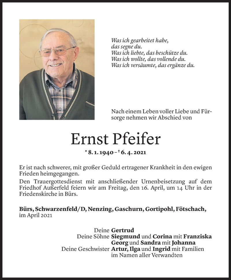  Todesanzeige für Ernst Pfeifer vom 14.04.2021 aus Vorarlberger Nachrichten