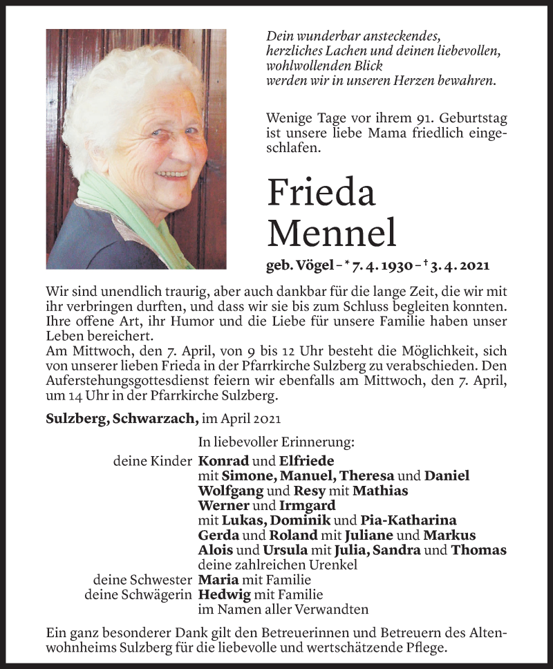  Todesanzeige für Frieda Mennel vom 06.04.2021 aus Vorarlberger Nachrichten