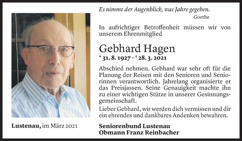  Todesanzeige für Gebhard Hagen vom 06.04.2021 aus Vorarlberger Nachrichten