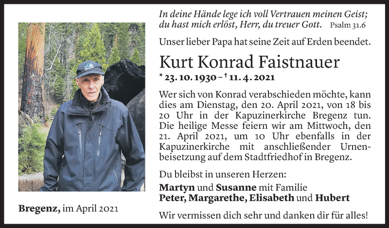  Todesanzeige für Kurt Konrad Faistnauer vom 16.04.2021 aus Vorarlberger Nachrichten