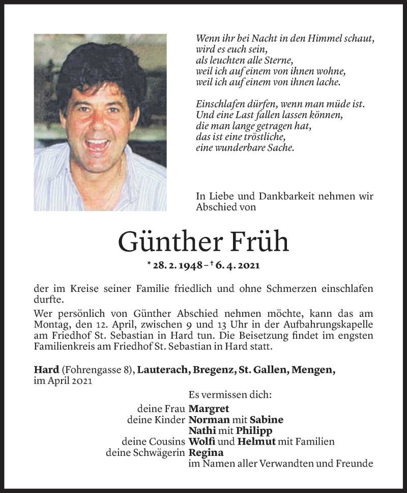  Todesanzeige für Günther Früh vom 09.04.2021 aus Vorarlberger Nachrichten