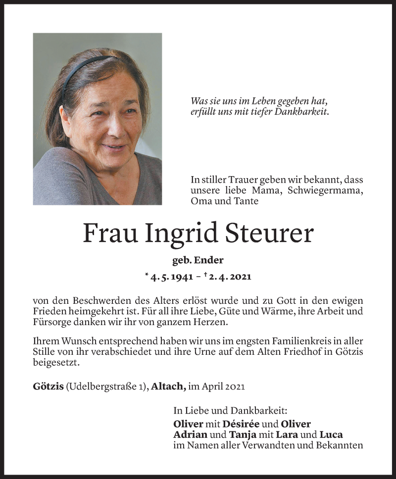  Todesanzeige für Ingrid Steurer vom 08.04.2021 aus Vorarlberger Nachrichten
