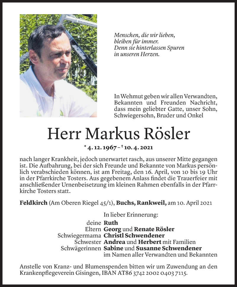  Todesanzeige für Markus Rösler vom 13.04.2021 aus Vorarlberger Nachrichten