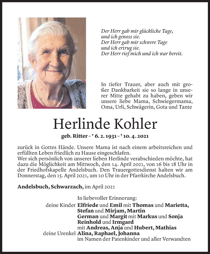  Todesanzeige für Herlinde Kohler vom 11.04.2021 aus Vorarlberger Nachrichten
