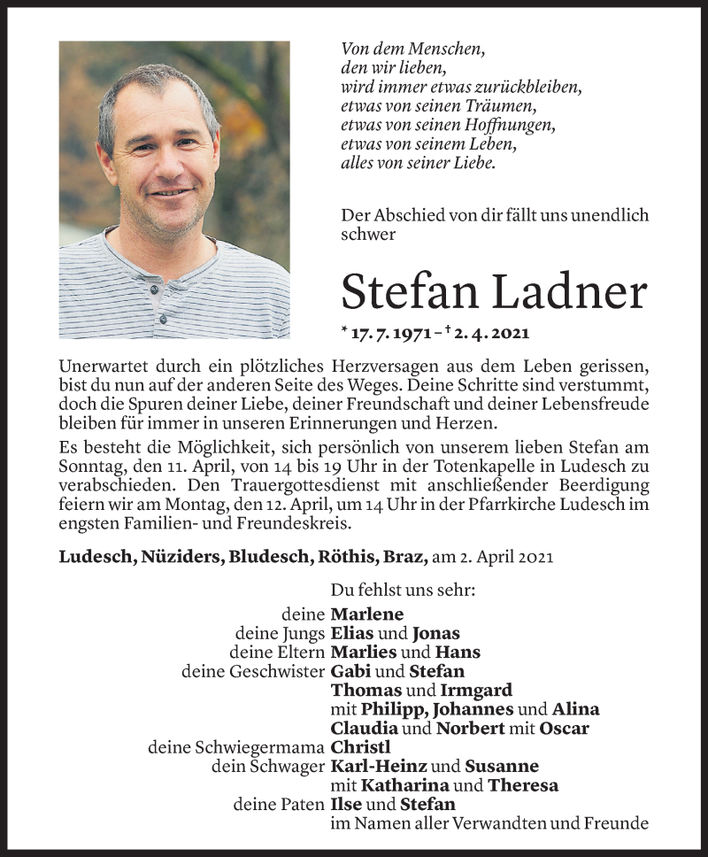  Todesanzeige für Stefan Ladner vom 09.04.2021 aus Vorarlberger Nachrichten