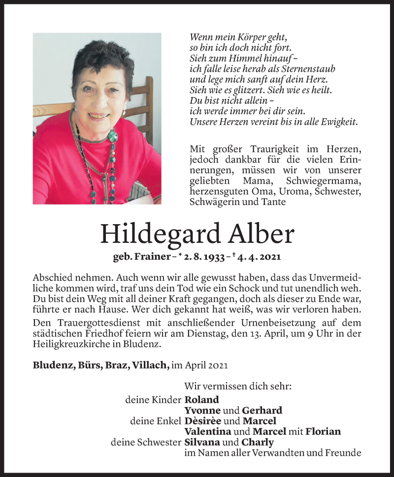  Todesanzeige für Hildegard Alber vom 10.04.2021 aus Vorarlberger Nachrichten