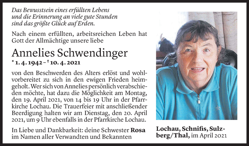  Todesanzeige für Annelies Schwendinger vom 16.04.2021 aus Vorarlberger Nachrichten