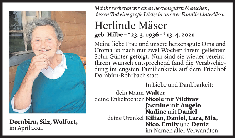  Todesanzeige für Herlinde Mäser vom 26.04.2021 aus Vorarlberger Nachrichten