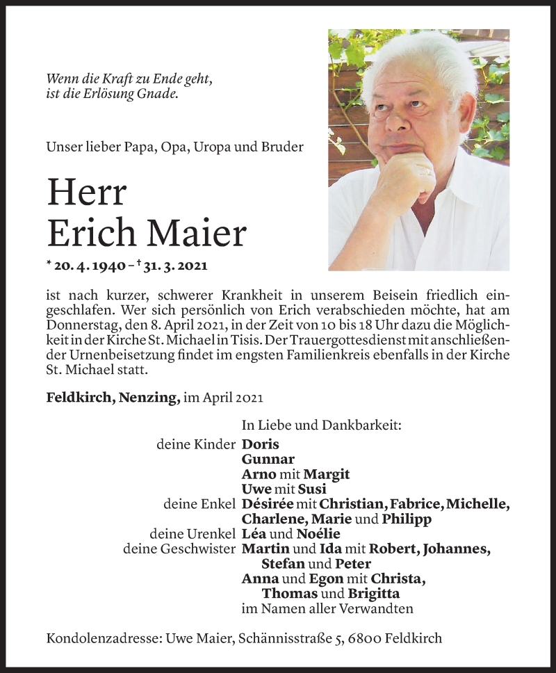  Todesanzeige für Erich Maier vom 06.04.2021 aus Vorarlberger Nachrichten