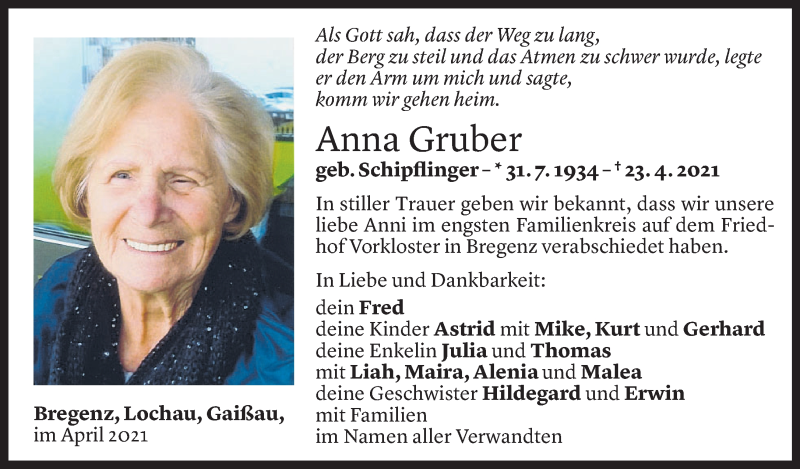  Todesanzeige für Anna Gruber vom 05.05.2021 aus Vorarlberger Nachrichten