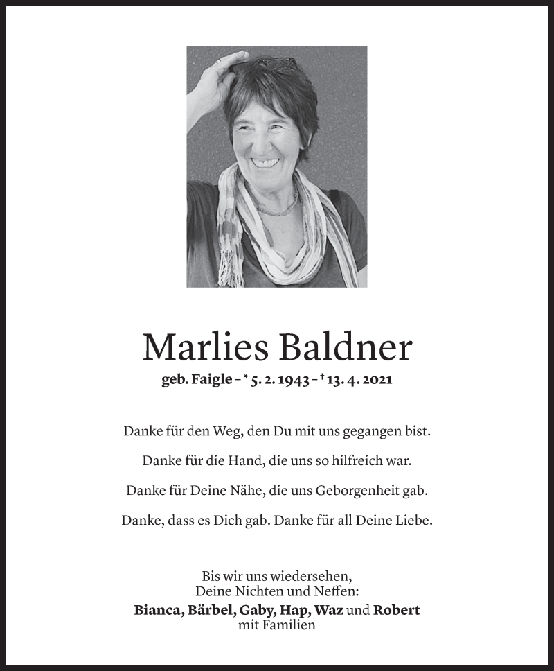  Todesanzeige für Marlies Baldner vom 23.04.2021 aus Vorarlberger Nachrichten