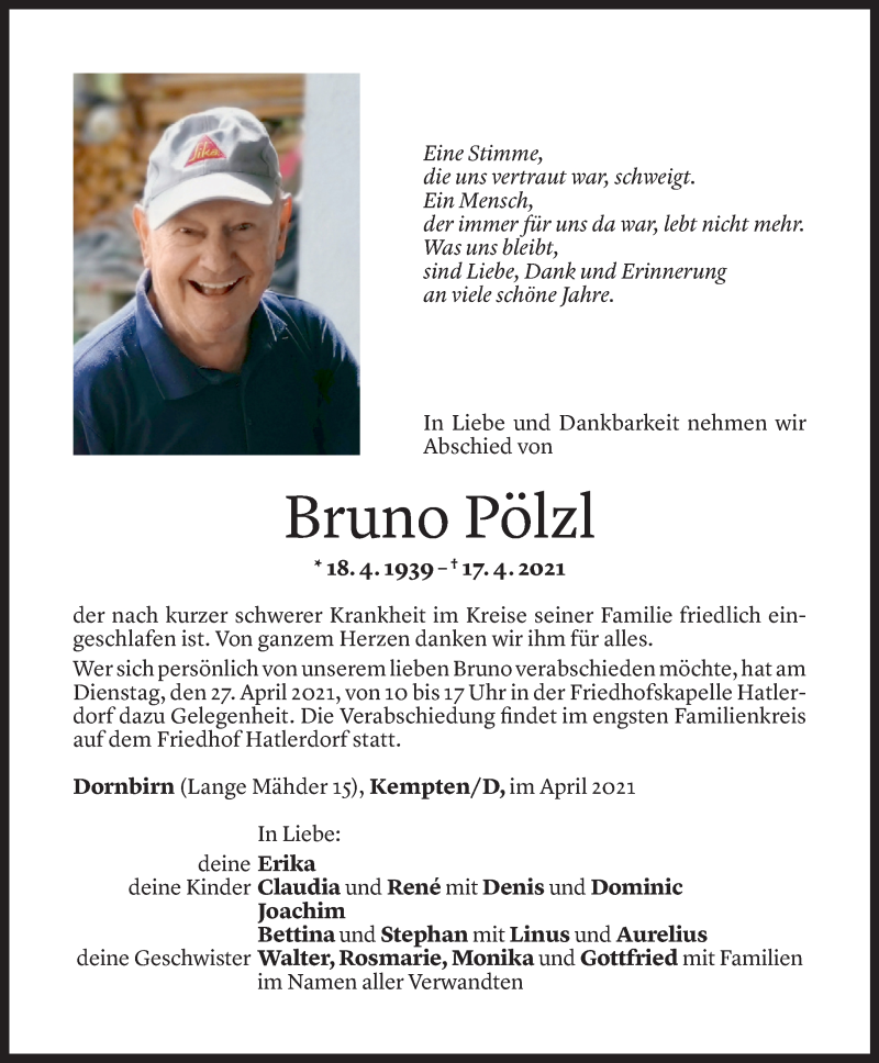  Todesanzeige für Bruno Pölzl vom 23.04.2021 aus Vorarlberger Nachrichten