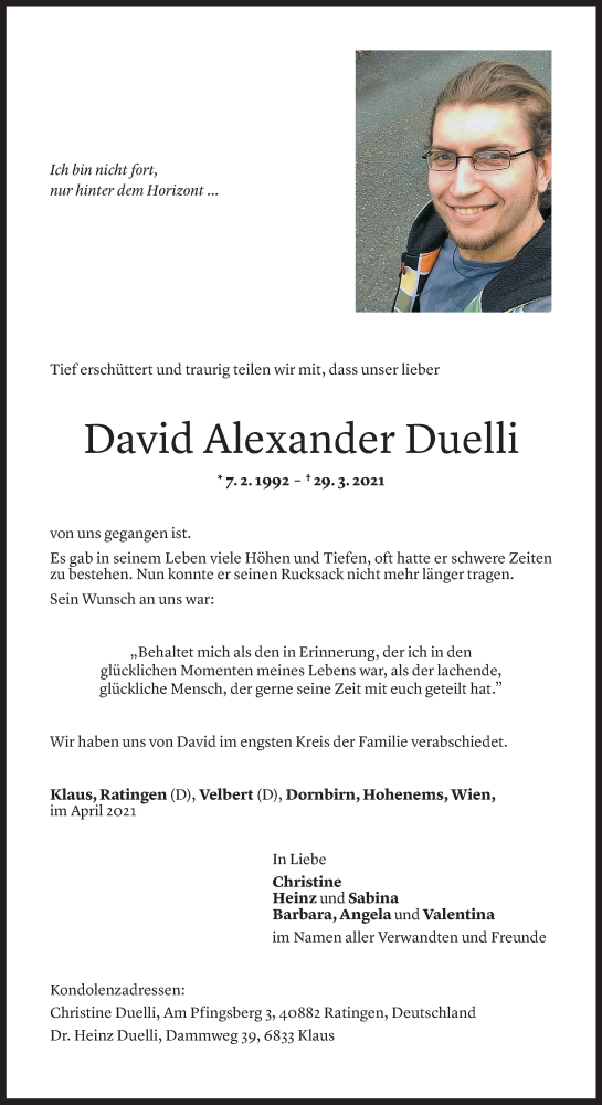  Todesanzeige für David Alexander Duelli vom 10.04.2021 aus Vorarlberger Nachrichten
