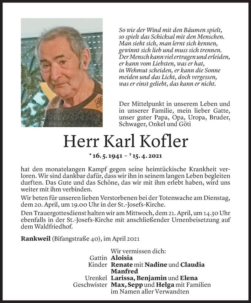  Todesanzeige für Karl Kofler vom 17.04.2021 aus Vorarlberger Nachrichten