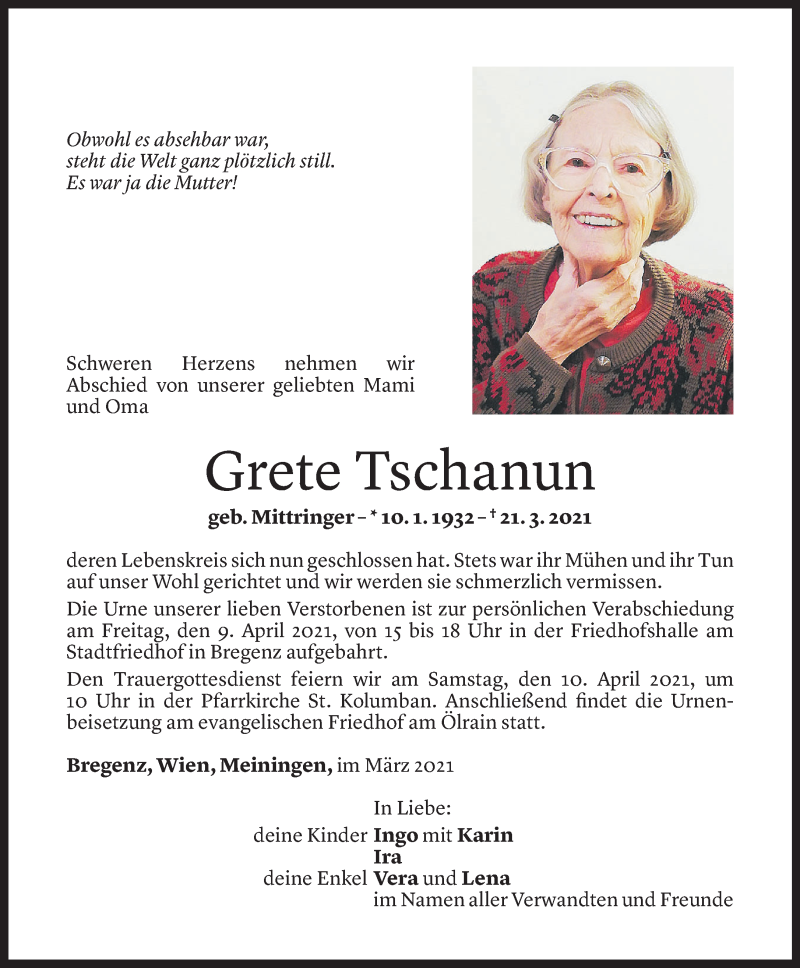  Todesanzeige für Grete Tschanun vom 06.04.2021 aus Vorarlberger Nachrichten