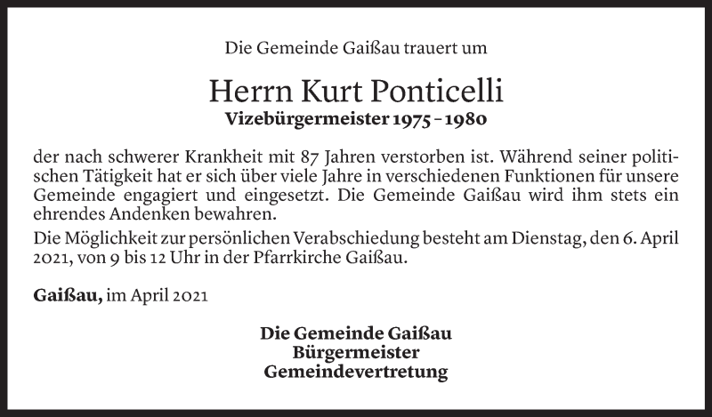  Todesanzeige für Kurt Ponticelli vom 02.04.2021 aus Vorarlberger Nachrichten