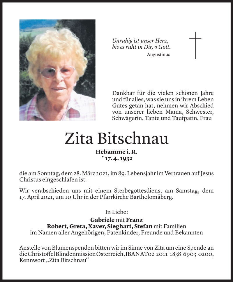  Todesanzeige für Zita Bitschnau vom 09.04.2021 aus Vorarlberger Nachrichten