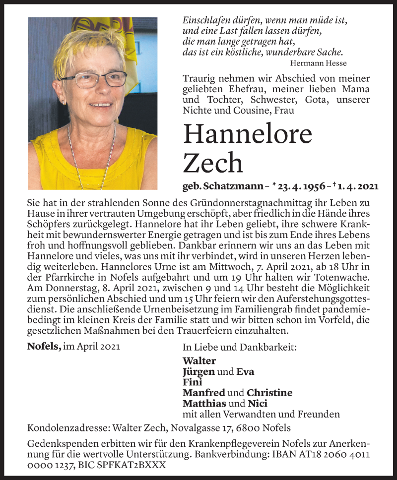  Todesanzeige für Hannelore Zech vom 05.04.2021 aus Vorarlberger Nachrichten
