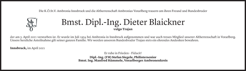  Todesanzeige für Dieter Blaickner vom 08.04.2021 aus Vorarlberger Nachrichten