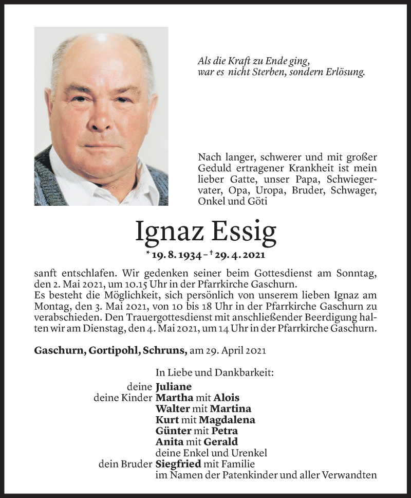  Todesanzeige für Ignaz Essig vom 29.04.2021 aus Vorarlberger Nachrichten