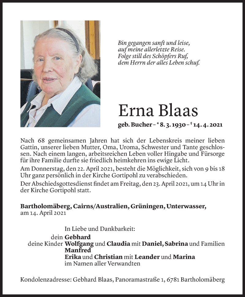  Todesanzeige für Erna Blaas vom 18.04.2021 aus Vorarlberger Nachrichten