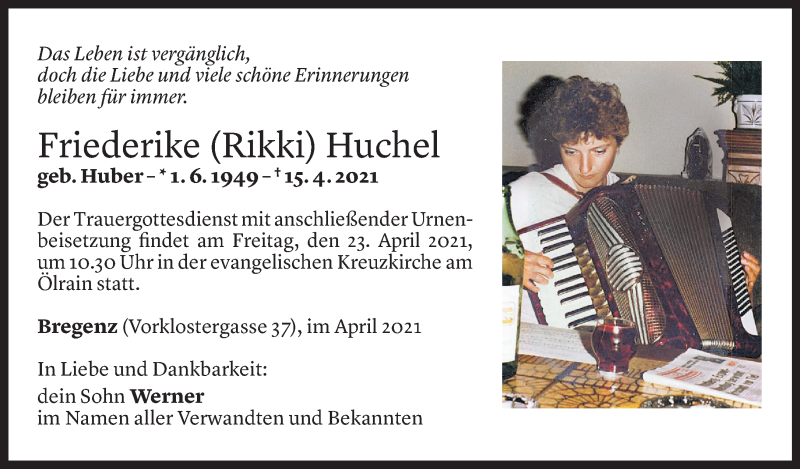  Todesanzeige für Friederike Huchel vom 19.04.2021 aus Vorarlberger Nachrichten