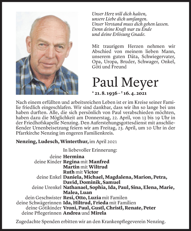  Todesanzeige für Paul Meyer vom 21.04.2021 aus Vorarlberger Nachrichten